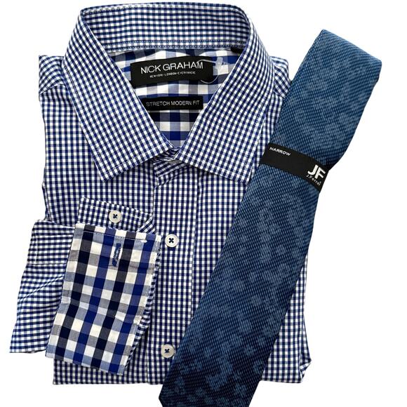 Nick Graham Dress Shirt Stretch Modern Fit Blue Plaid w/Tie 16 16 1/2 32-33 Lg - Picture 1 of 10